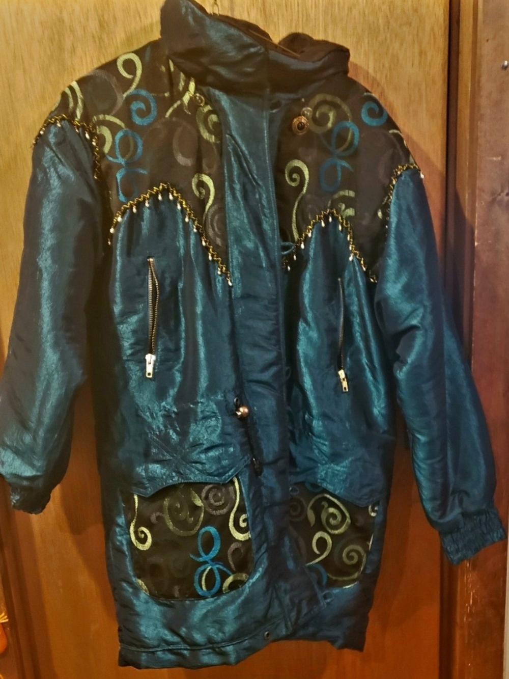 Womens 80s Vintage Sz 10 Teal Metallic Embroidered Long Puffer Jacket